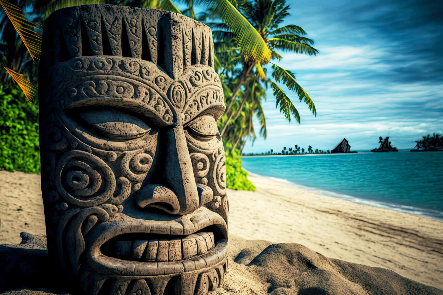 Masque tiki d'anciennes idoles de pierre sur la plage d'une île exotique
